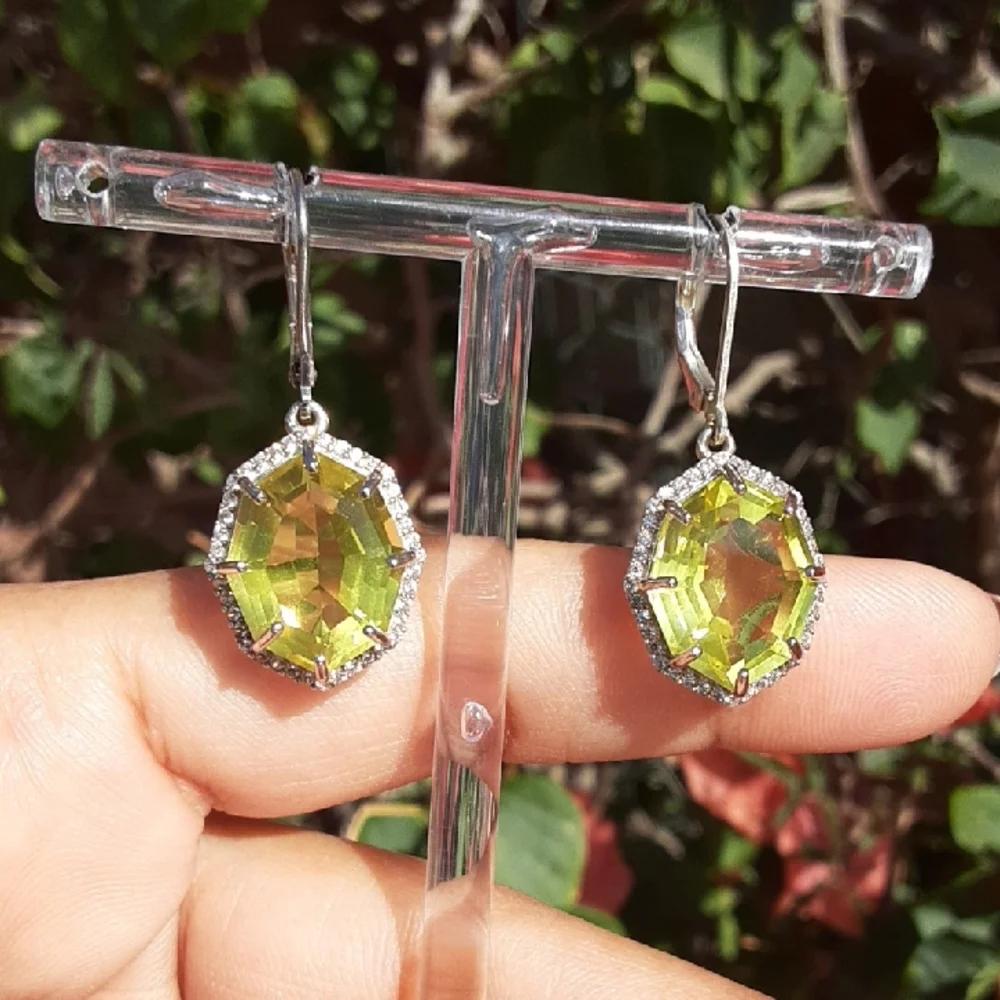 925 Golden Green Quartz And White Zircon Drop Earrings. FIRM. - Picture 1 of 3